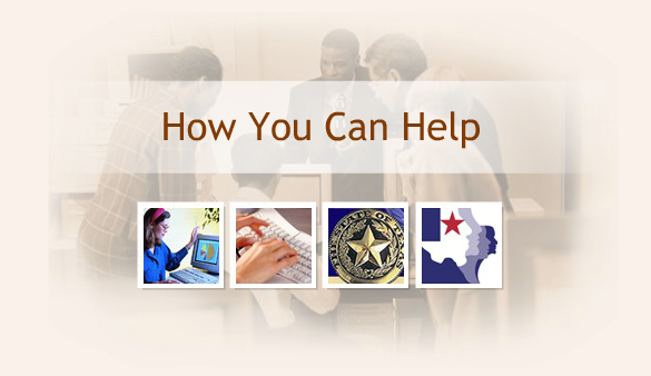 How You Can Help title screen showing collage of images: employee looking at computer, hands typing on keyboard, State of Texas seal, and HHS system logo